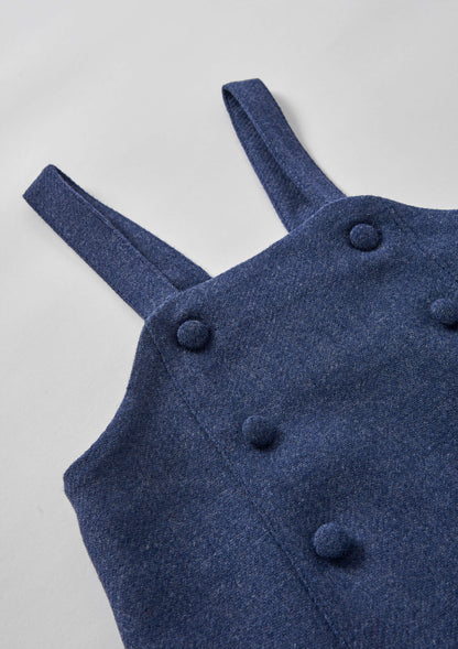 Popelin Girls Blue Wool Short Dress With Bib