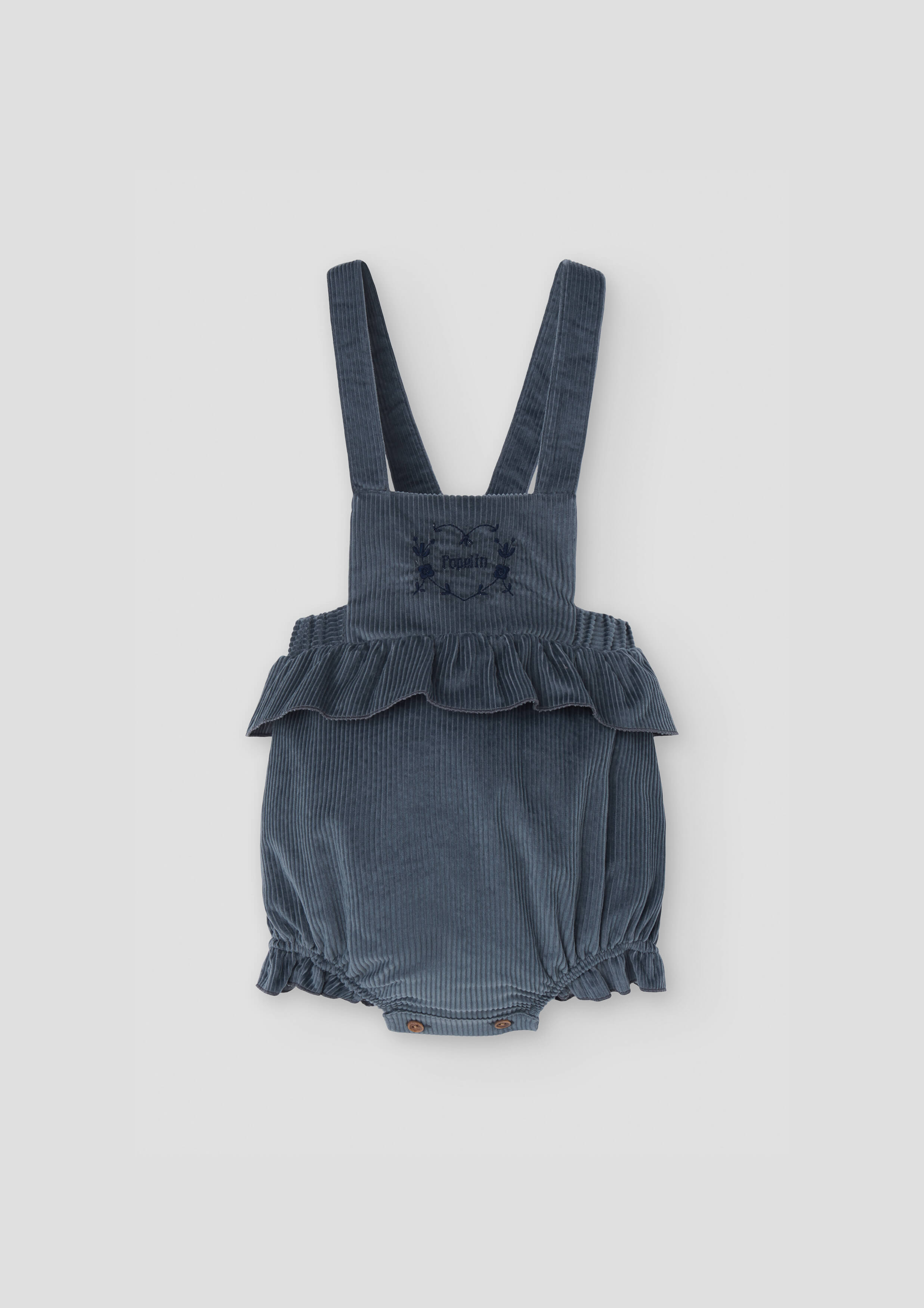 Popelin Baby Grey-Blue Corduroy Romper Suit With Frill