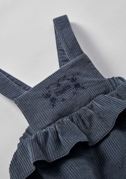 Popelin Baby Grey-Blue Corduroy Romper Suit With Frill