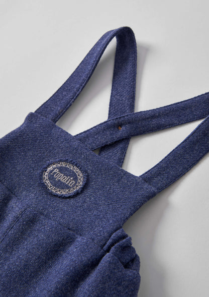 Popelin Baby Blue Woollen Short Dungarees With Embroidery Appliqué