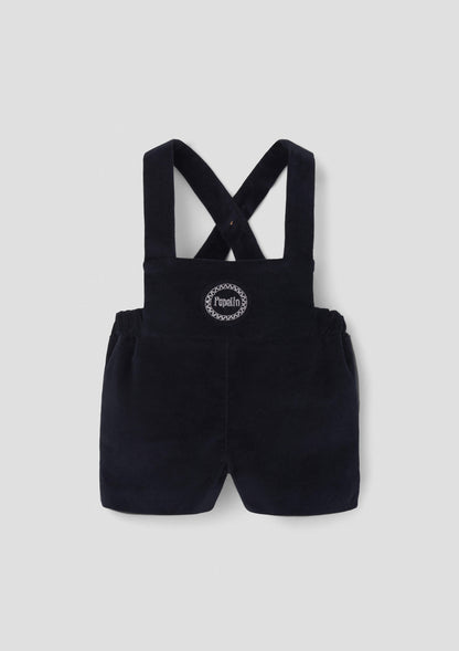 Popelin Baby Black Velvet Short Dungarees With Embroidery Appliqué