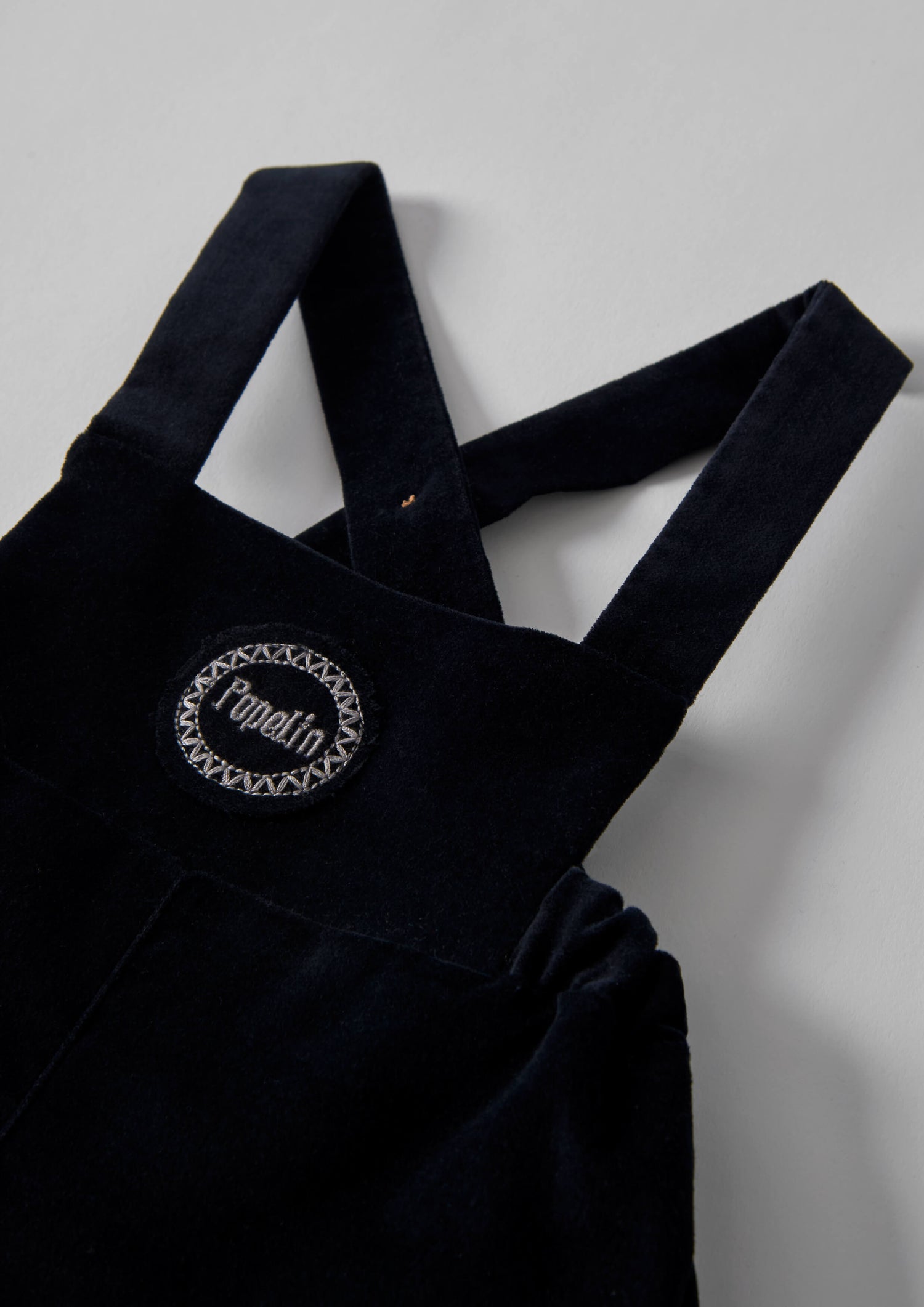Popelin Baby Black Velvet Short Dungarees With Embroidery Appliqué