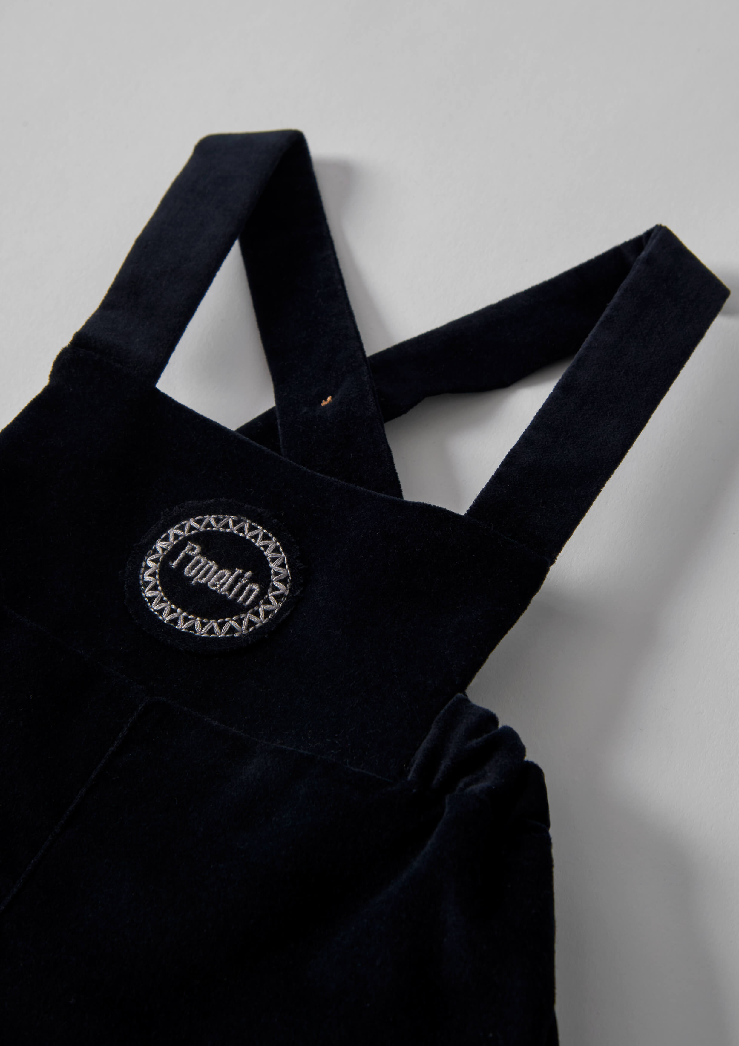Popelin Baby Black Velvet Short Dungarees With Embroidery Appliqué