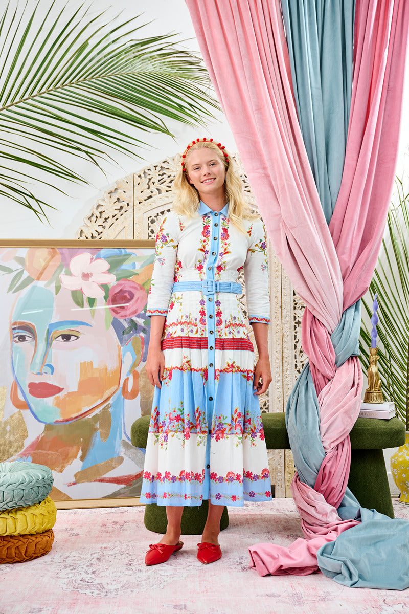 Porter Light Blue/White/Red Floral Design Linen Dress