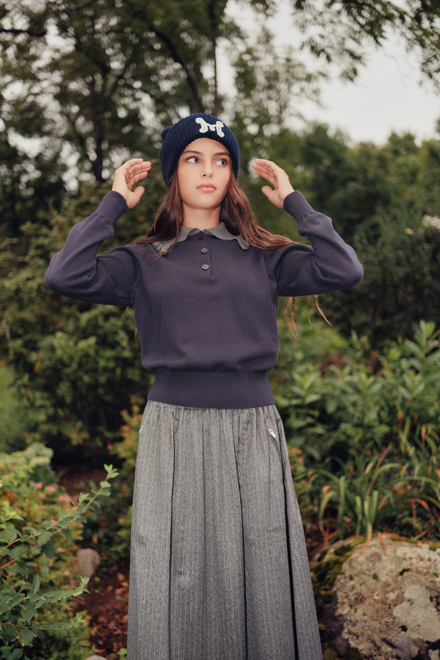 Eleve Teens Navy Button Knit Sweater with Ruffle Collar