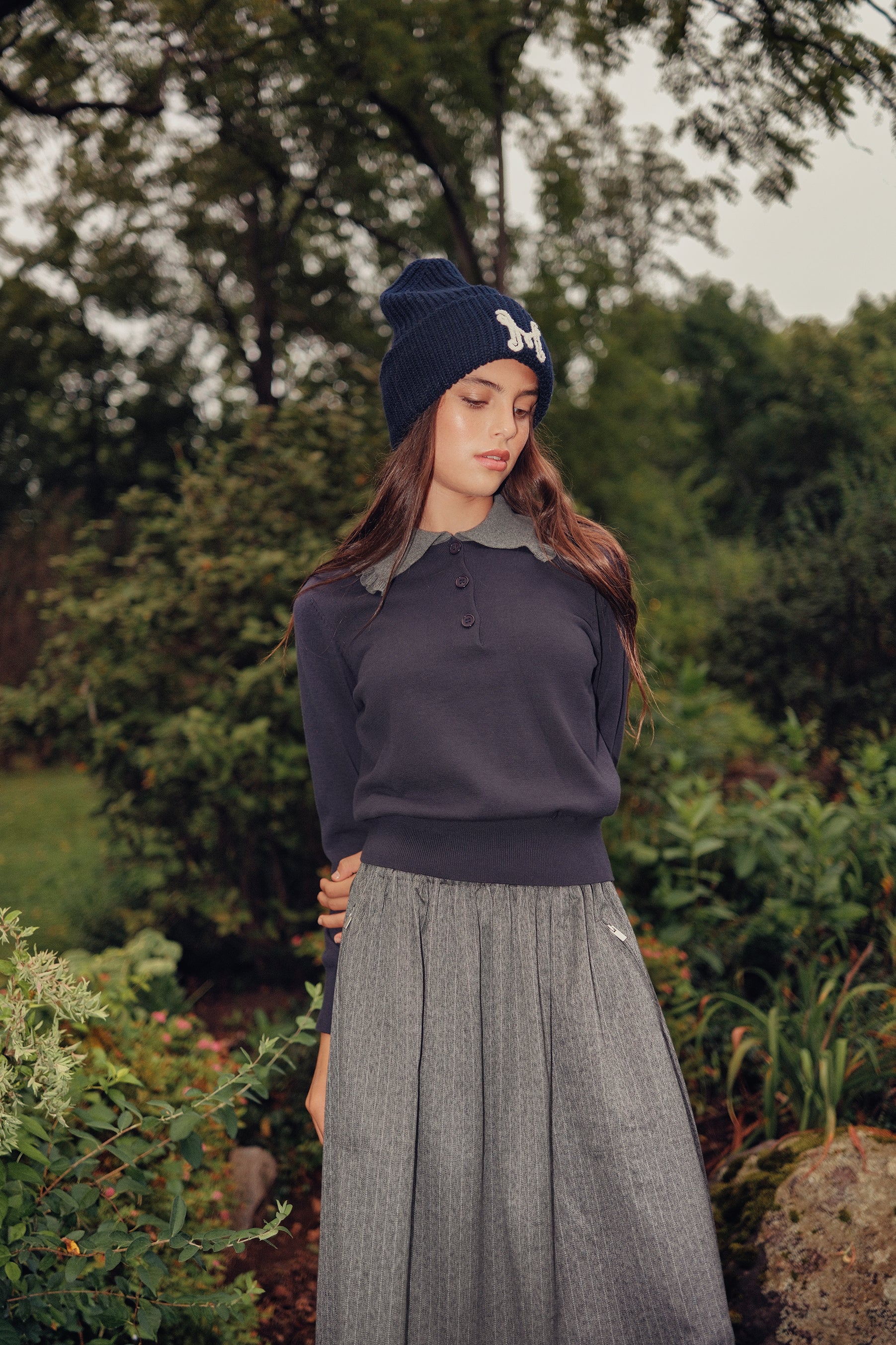 Eleve Teens Navy Button Knit Sweater with Ruffle Collar