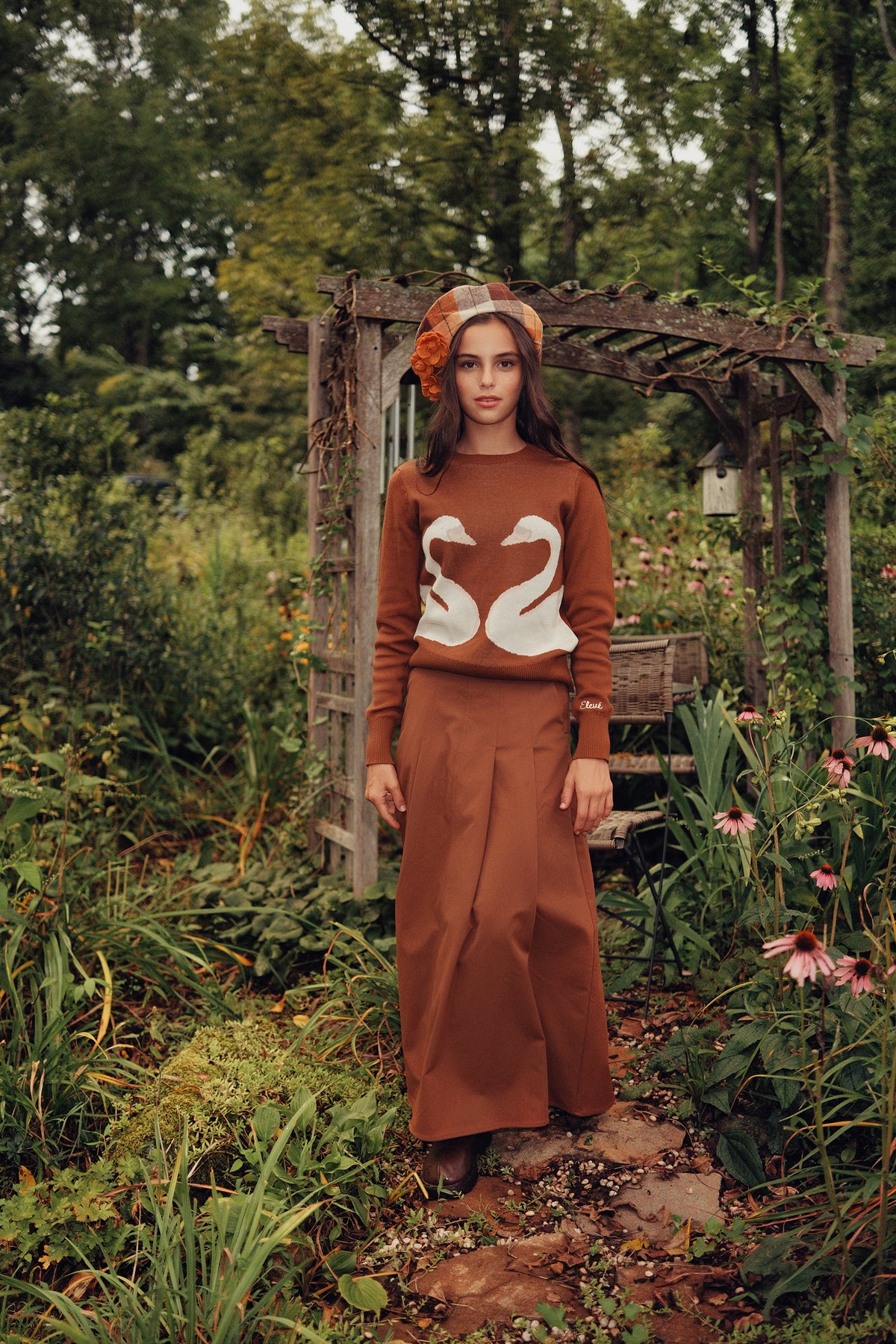 Eleve Teens Cognac Swans Knit Sweater