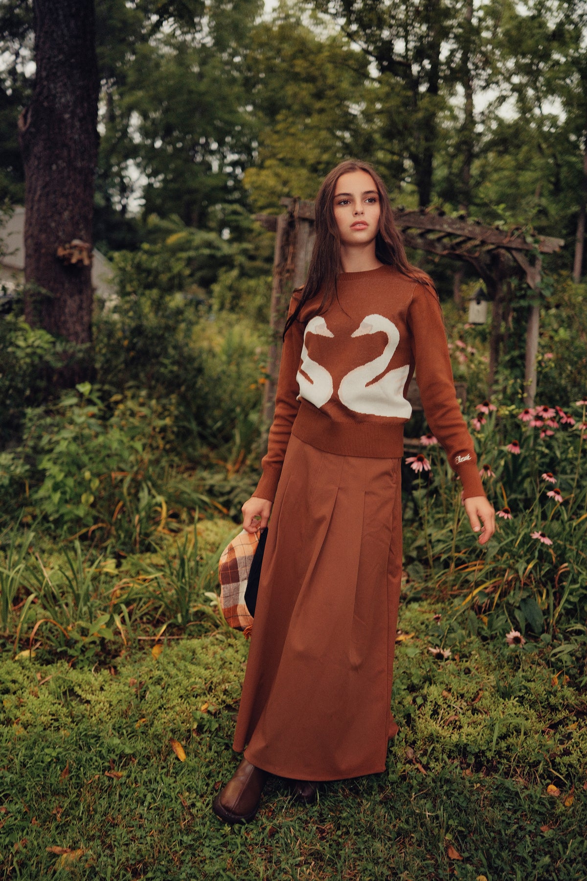 Eleve Teens Cognac Swans Knit Sweater