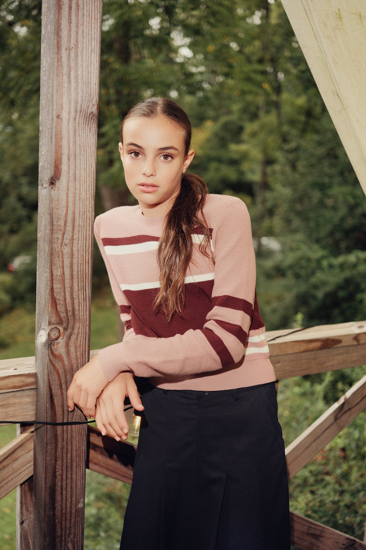 Eleve Teens Pink Stripe Knit Sweater with Purple Trim