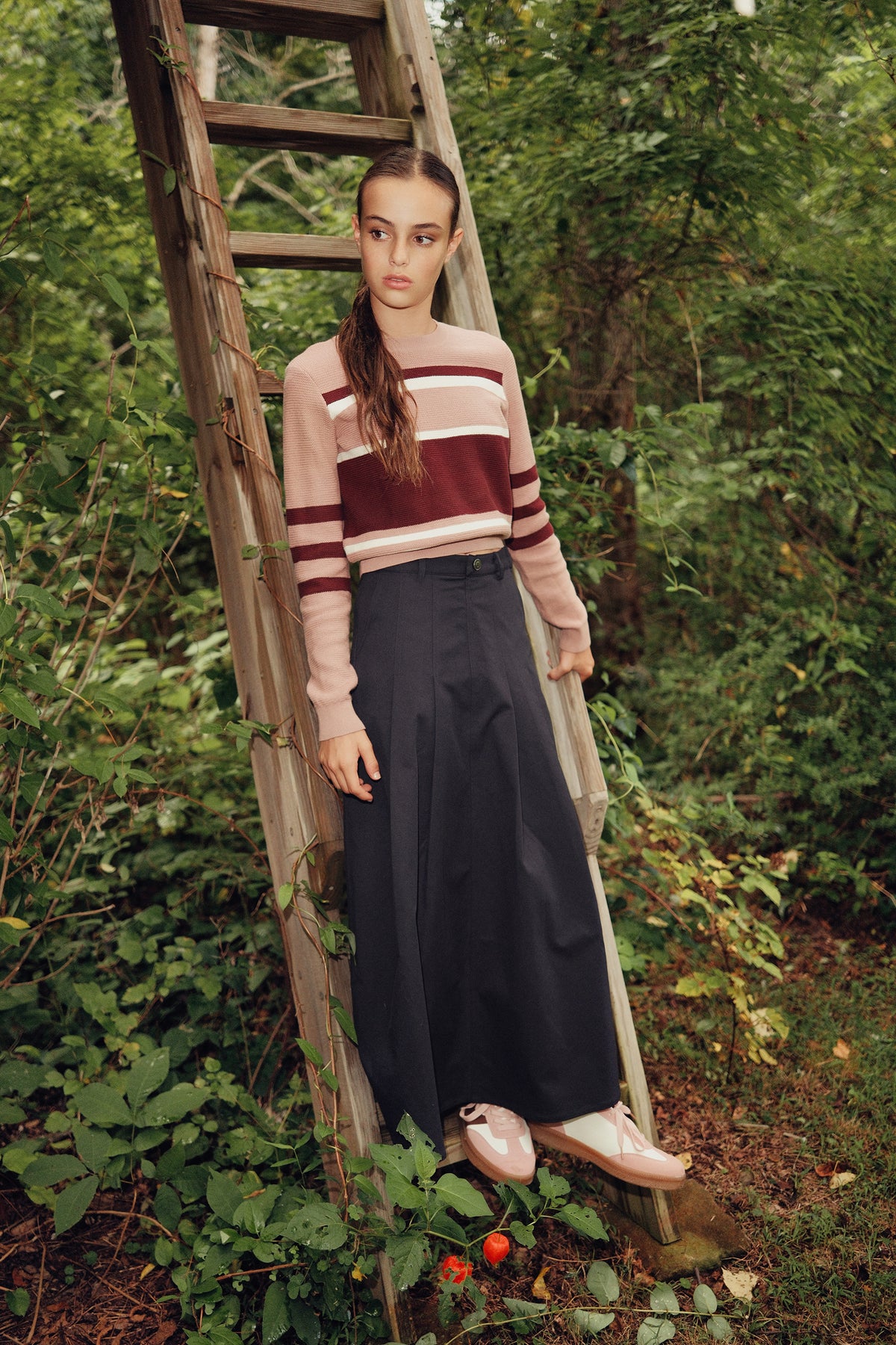 Eleve Teens Pink Stripe Knit Sweater with Purple Trim