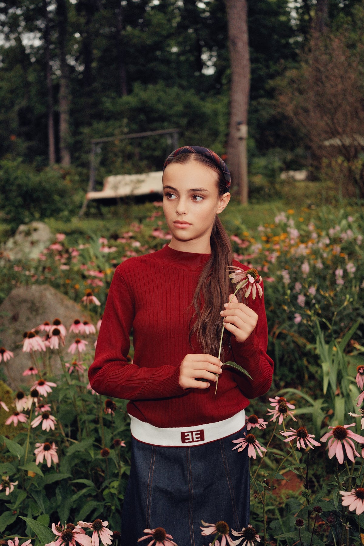 Eleve Teens Burgundy Ribbed Knit Sweater with Emblem Waist