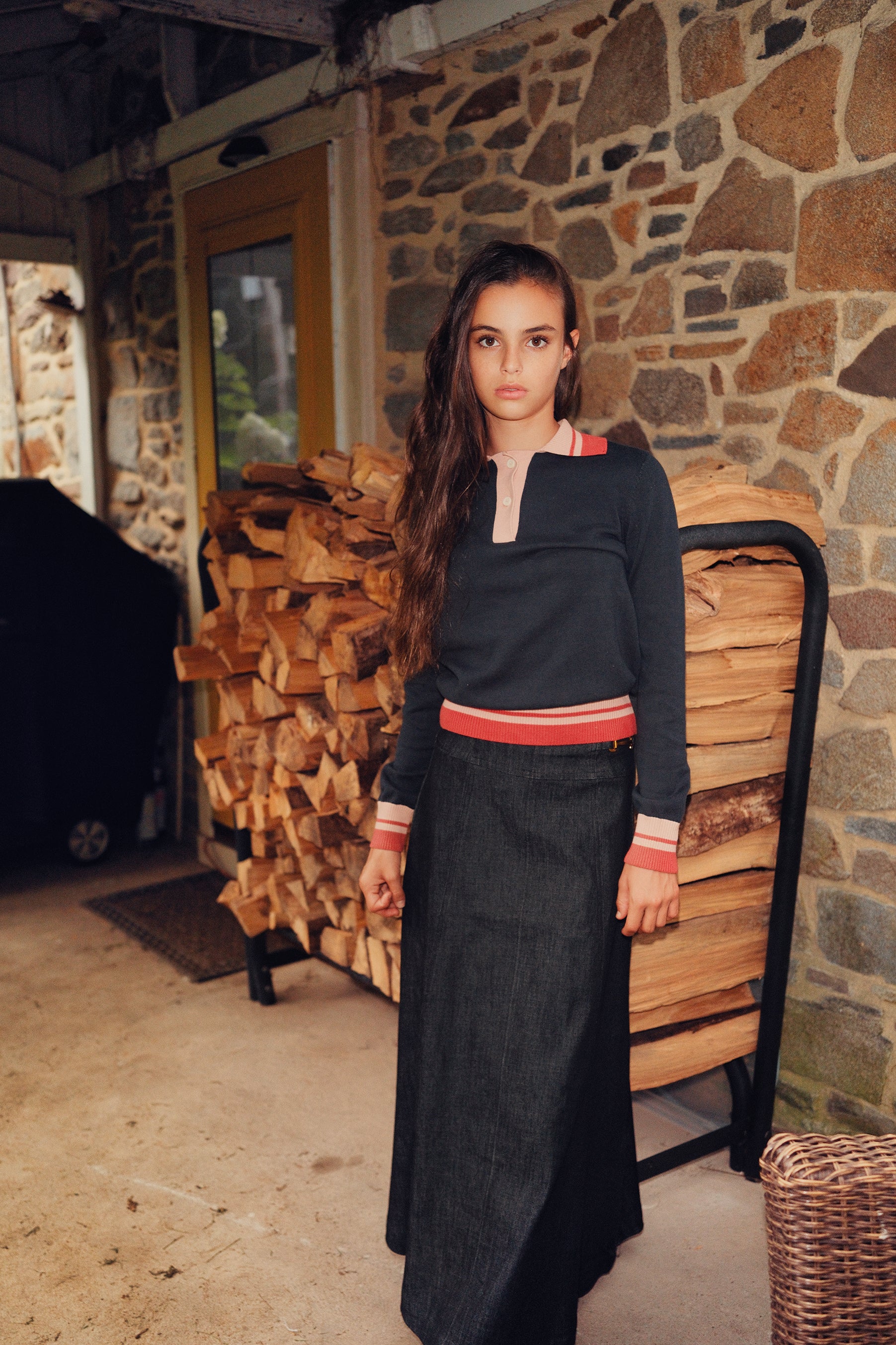 Eleve Teens Black Denim Drop Waisted Maxi Skirt with Gold Buckles