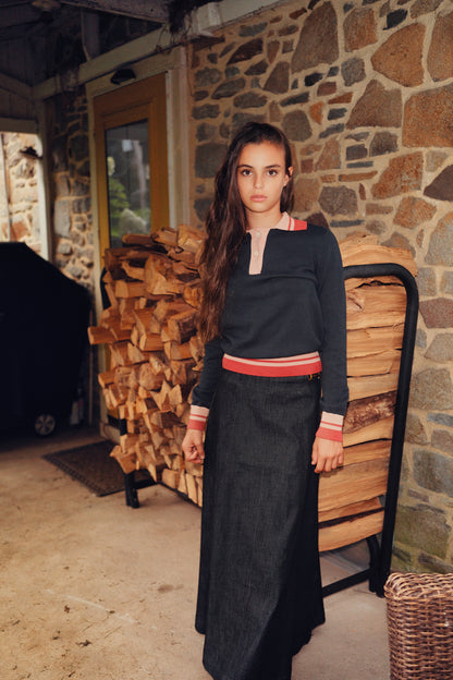 Eleve Teens Black Denim Drop Waisted Maxi Skirt with Gold Buckles