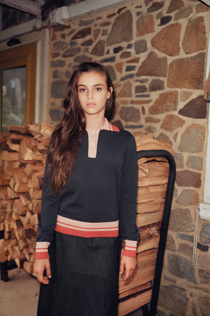 Eleve Teens Navy Collared Knit Sweater with Red Trim