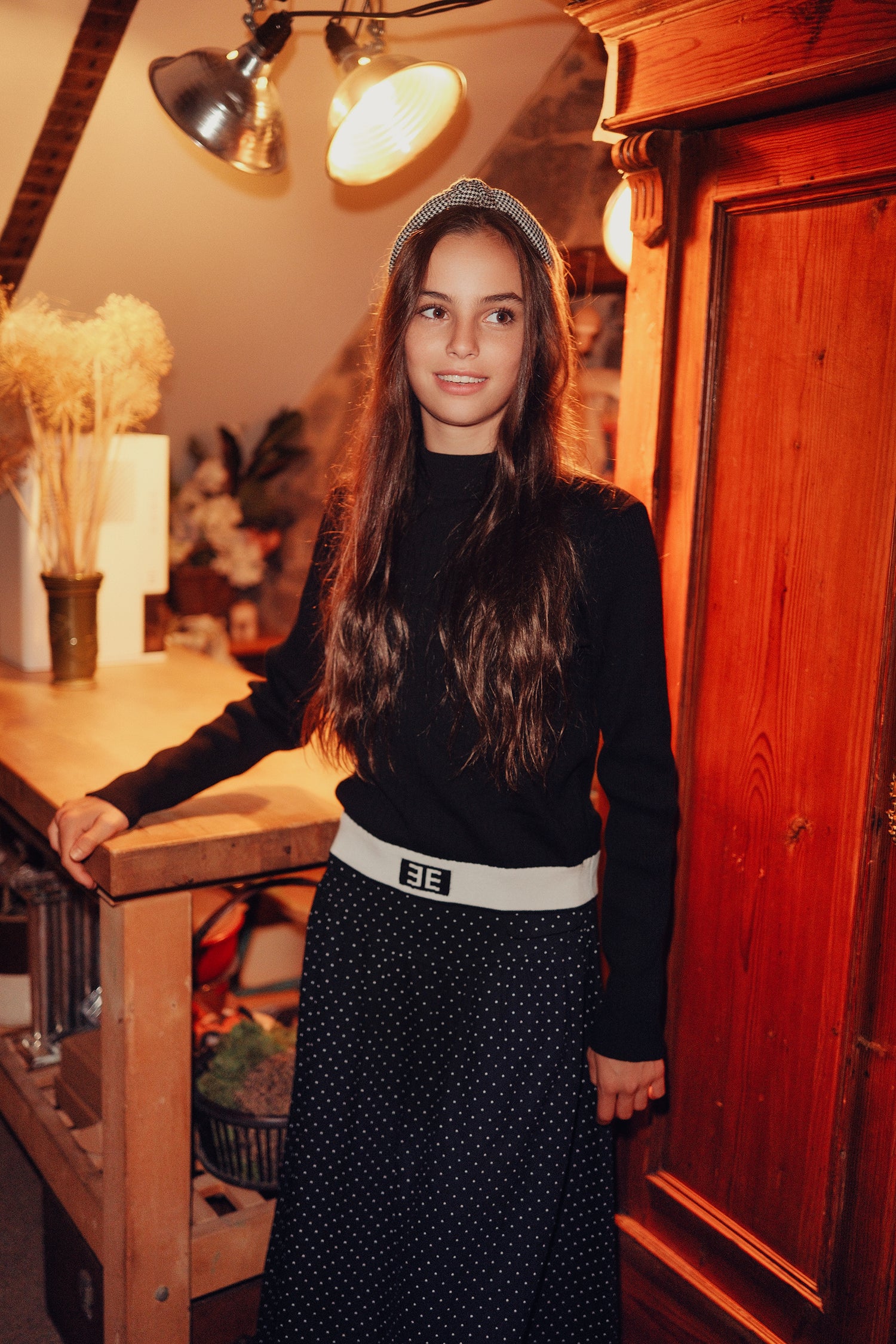 Eleve Teens Black White Stripe Knit Sweater with Emblem Waist