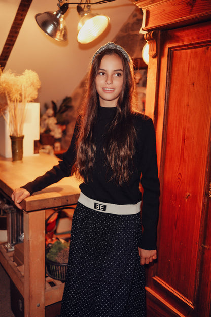Eleve Teens Black White Stripe Knit Sweater with Emblem Waist