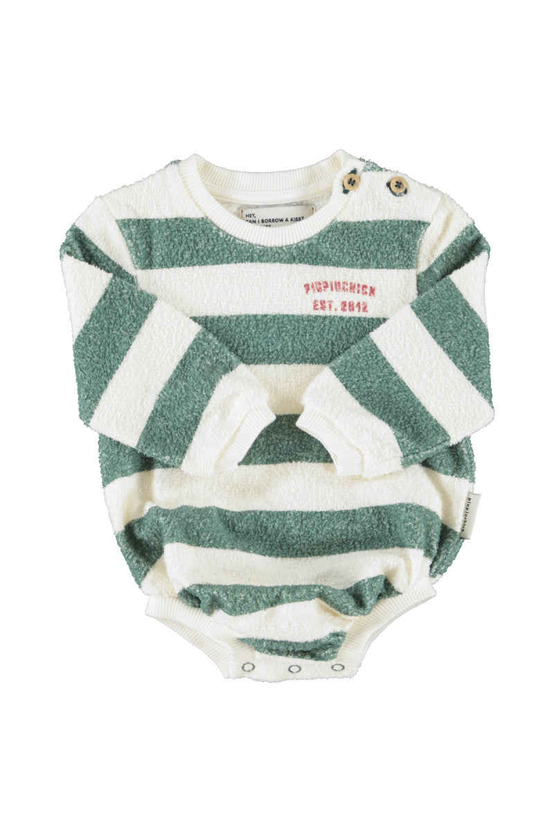 Piupiuchick Baby Ecru &amp; Green Striped Baby Long-Sleeve Romper
