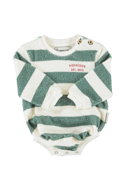 Piupiuchick Baby Ecru &amp; Green Striped Baby Long-Sleeve Romper