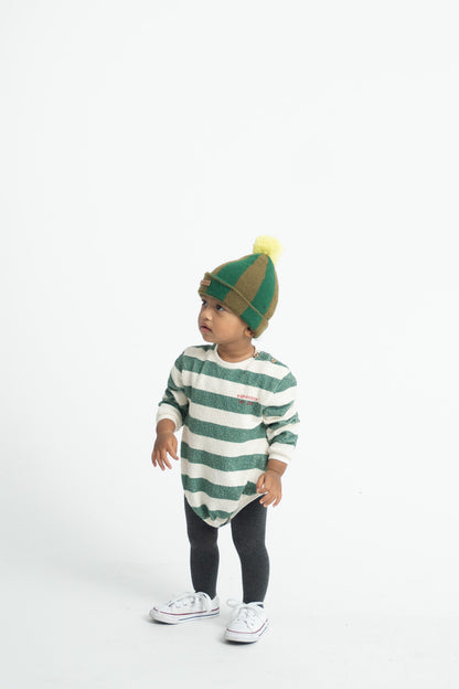 Piupiuchick Baby Ecru &amp; Green Striped Baby Long-Sleeve Romper