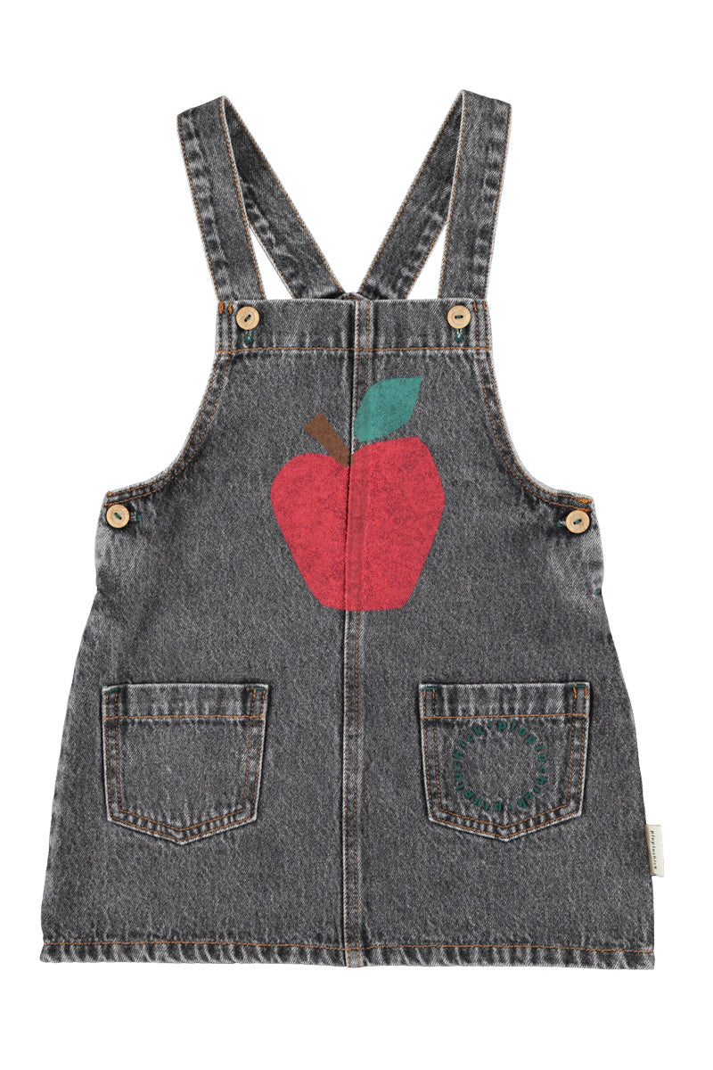 Piupiuchick Girls Washed Black Denim Apple-Print Button-Strap Short Dress