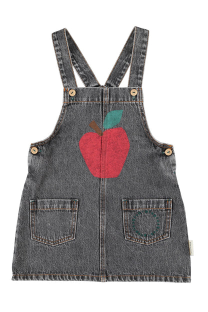 Piupiuchick Girls Washed Black Denim Apple-Print Button-Strap Short Dress