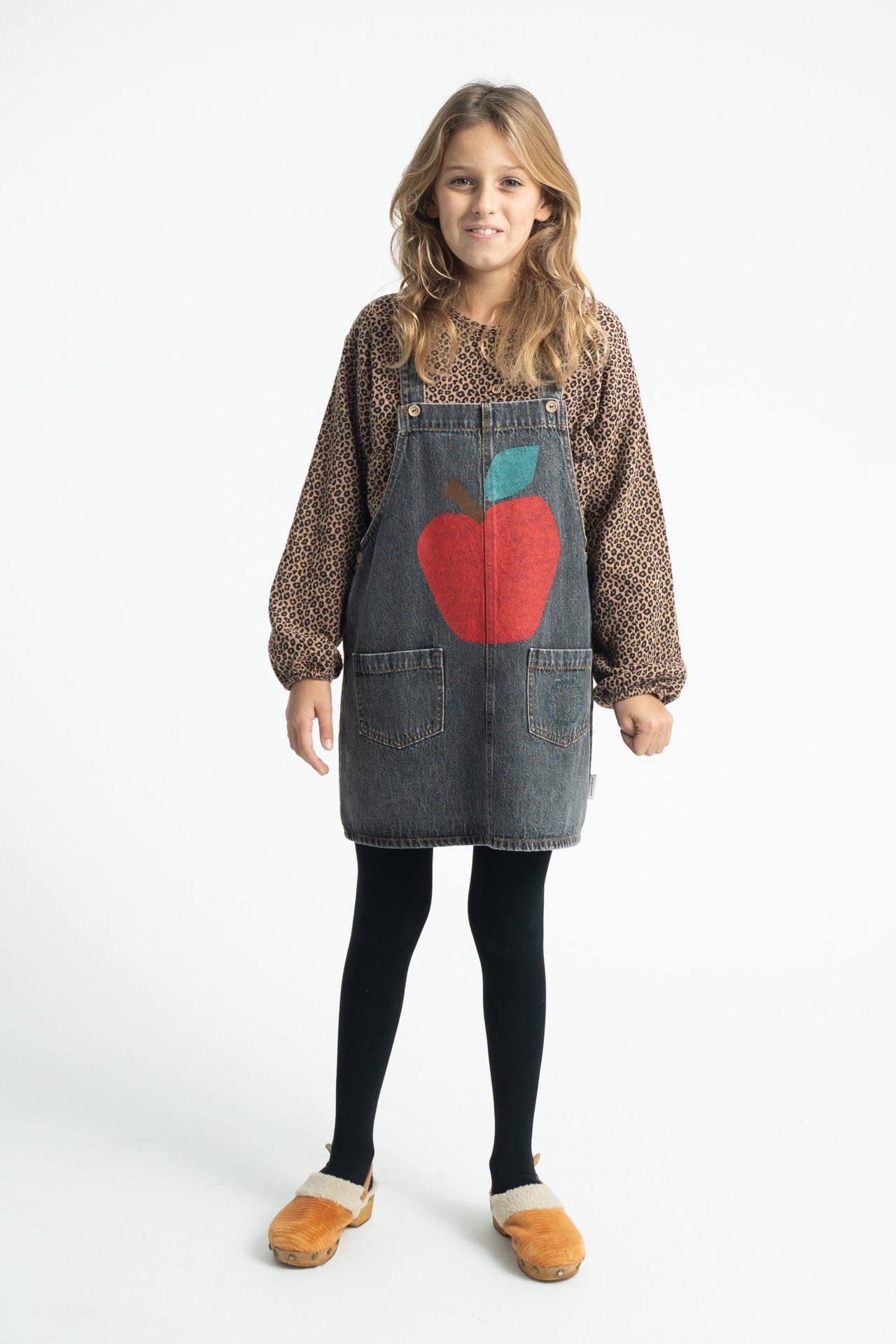 Piupiuchick Girls Washed Black Denim Apple-Print Button-Strap Short Dress 6y