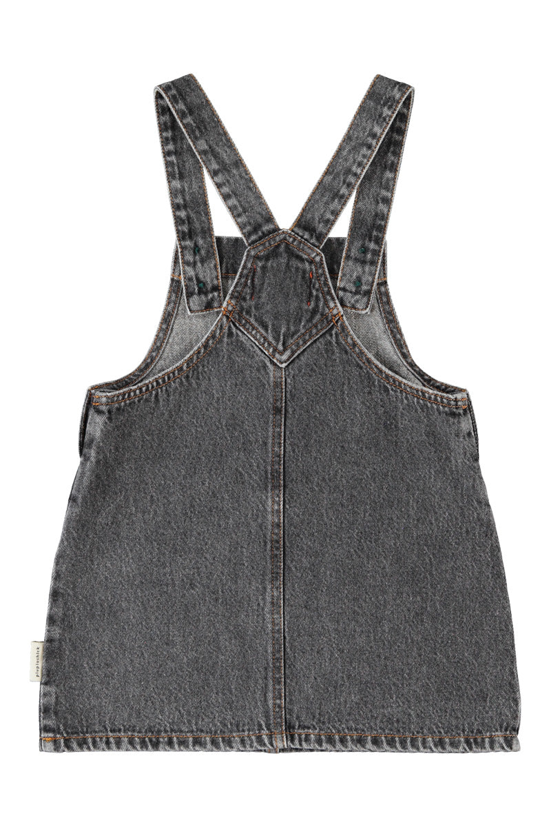 Piupiuchick Girls Washed Black Denim Apple-Print Button-Strap Short Dress 6y