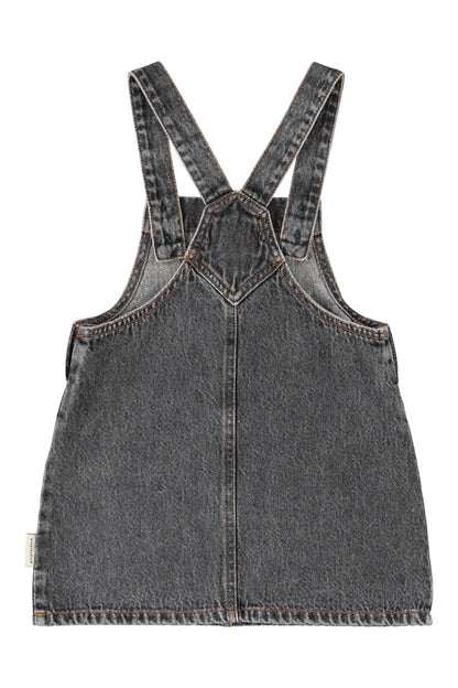 Piupiuchick Girls Washed Black Denim Apple-Print Button-Strap Knee-Length Dress
