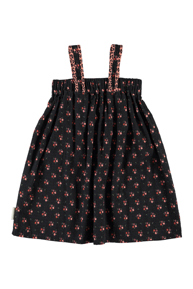 Piupiuchick Girls Black Floral Button-Strap Knee-Length Dress