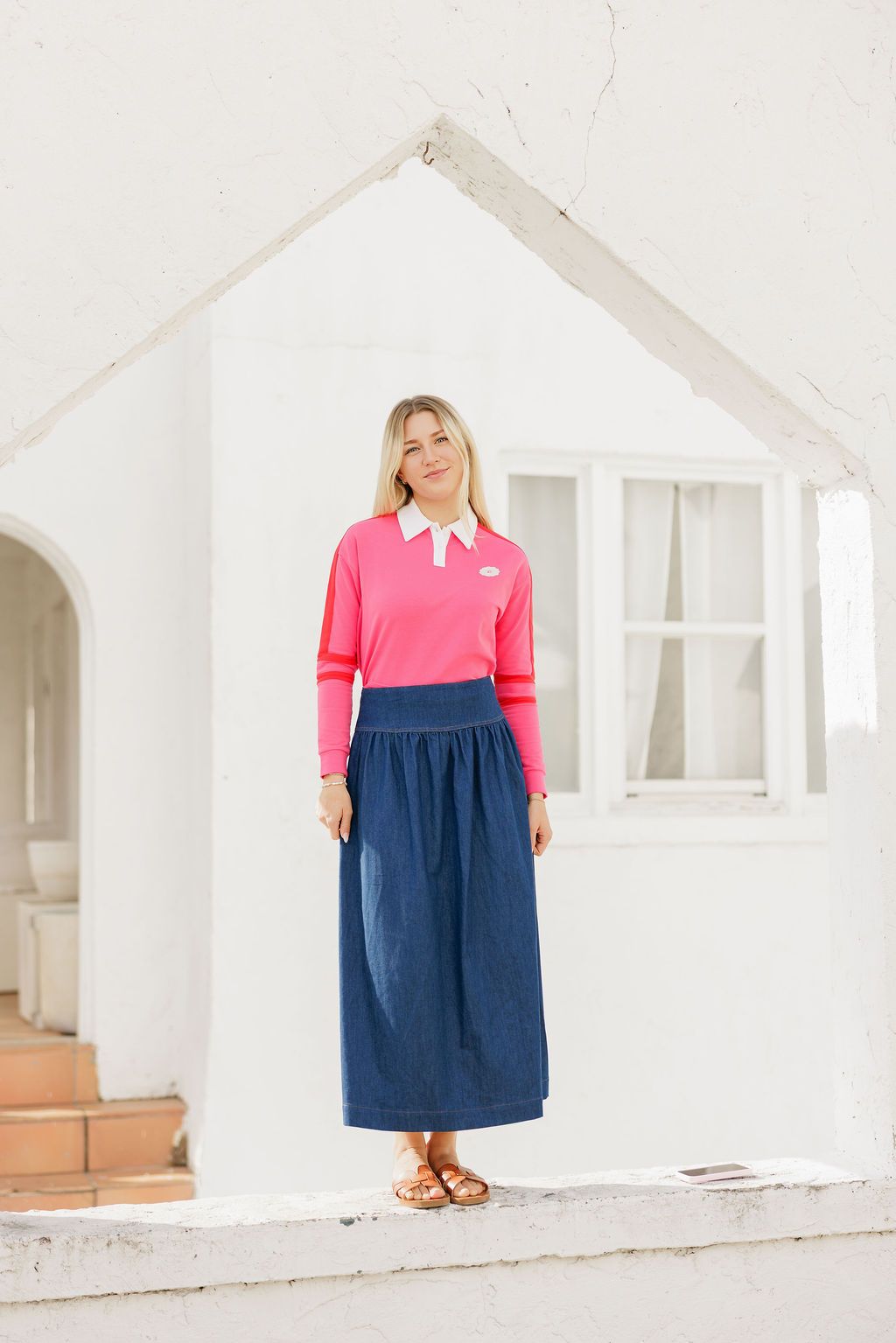 Eleve Hot Pink Cropped Polo with Red &amp; White Trim