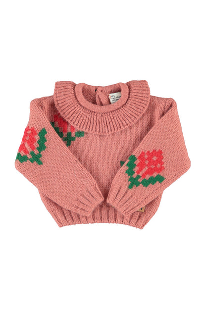 Piupiuchick Girls Pink Jacquard Flower Collared Sweater