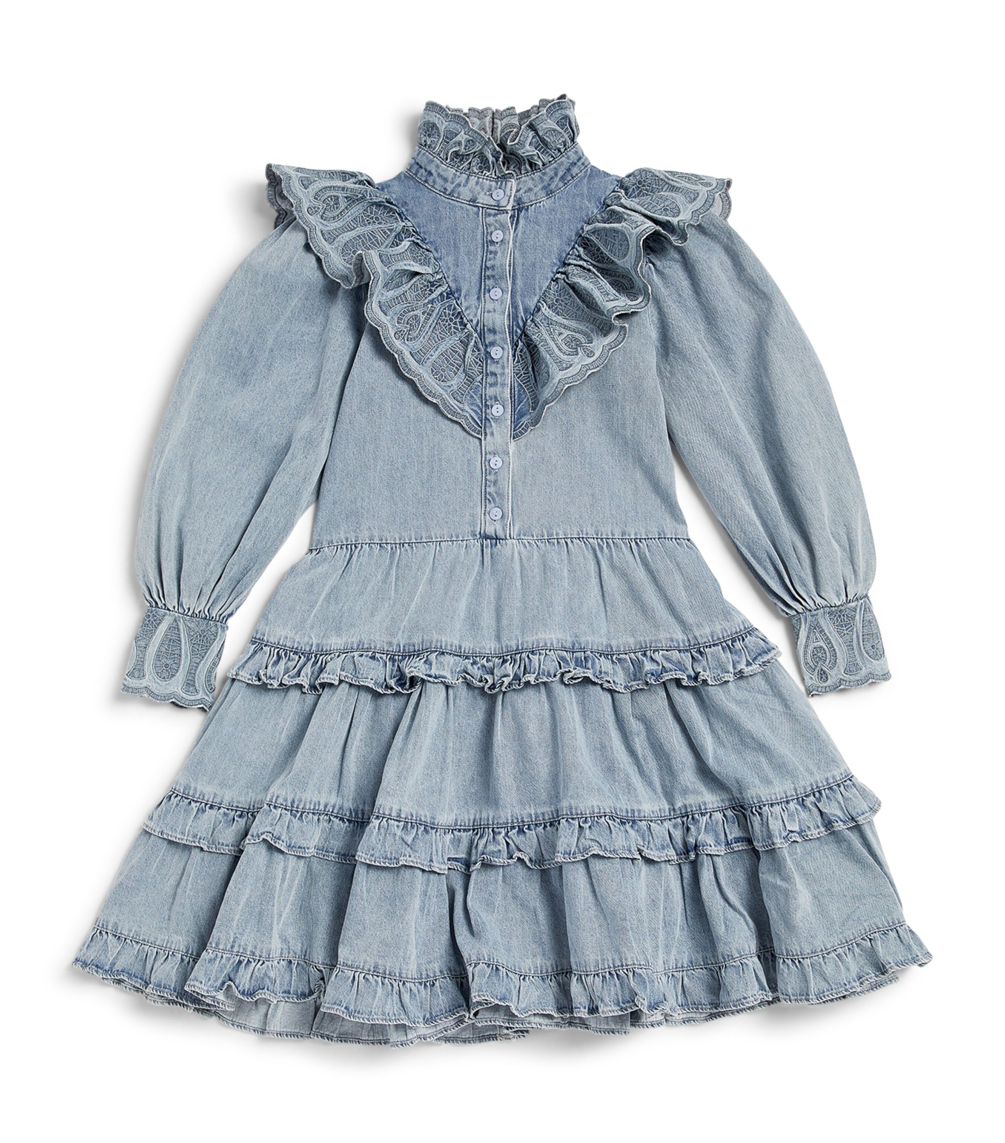 Pink Light Chambray Embroidered Tiered Dress