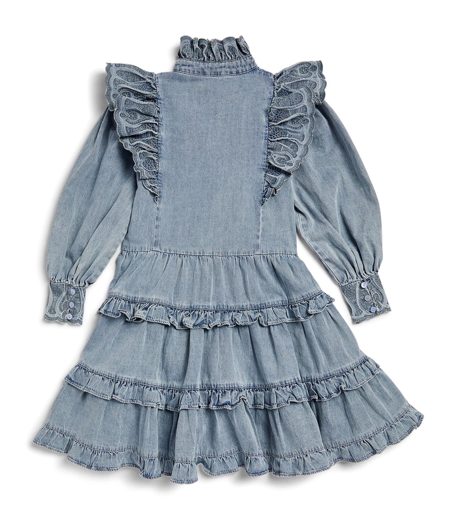 Pink Light Chambray Embroidered Tiered Dress