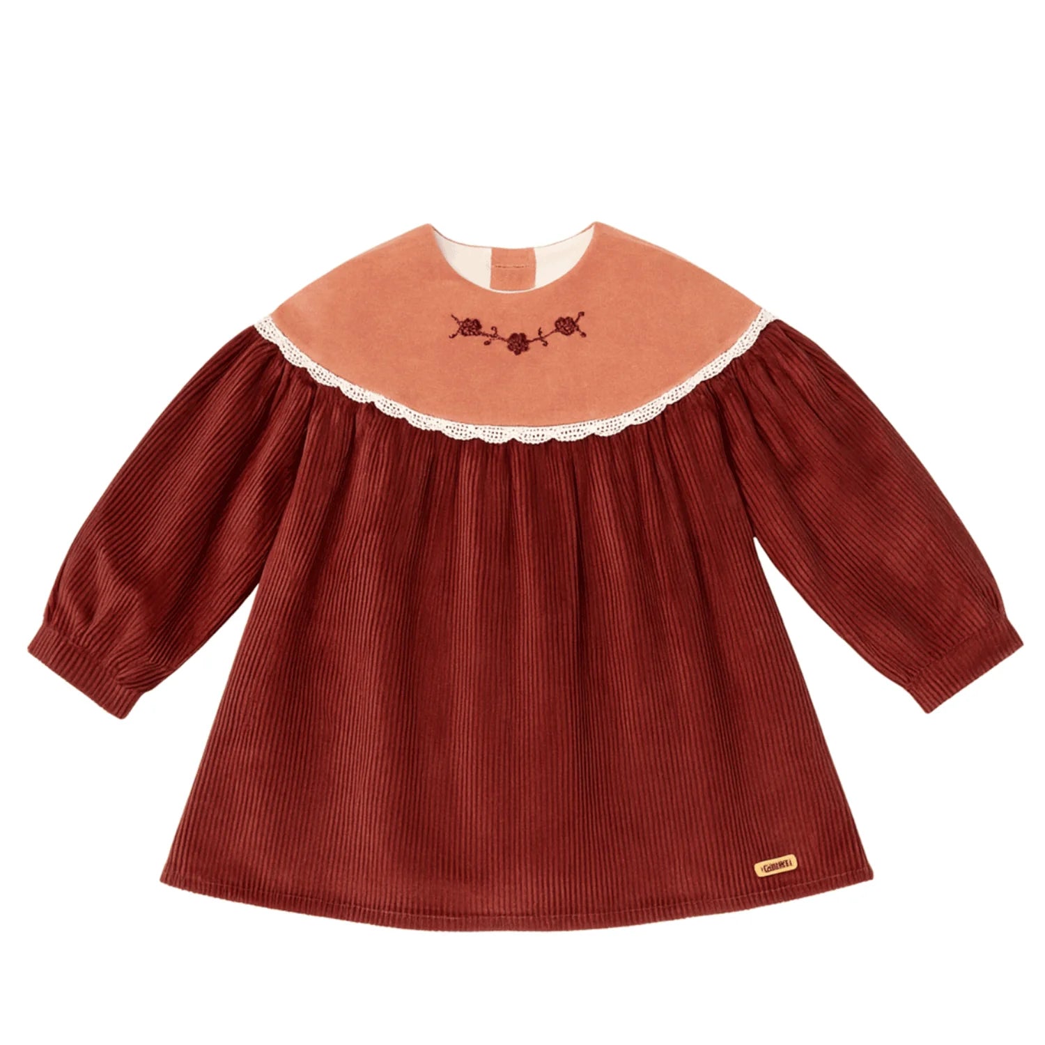 Popelin Burgundy Corduroy Dress With Embroidered Yoke