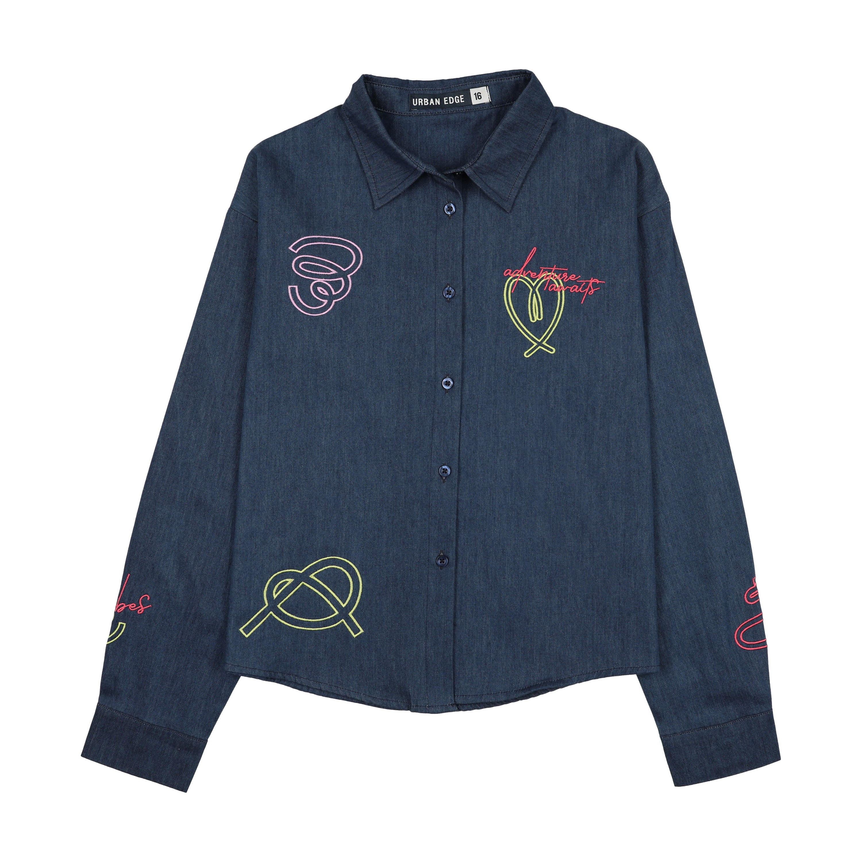 Urban Edge Neon Embroidered Navy Denim Shirt