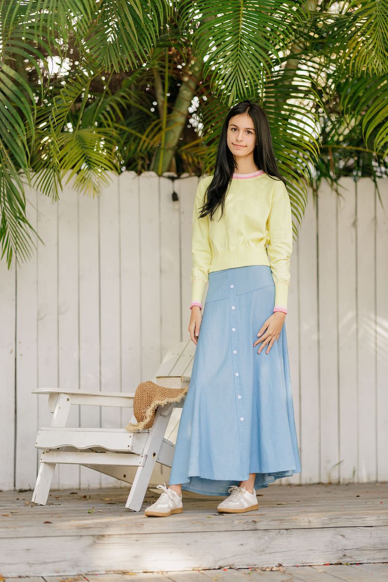 Eleve Butter Yellow Sweater with Pink Trim